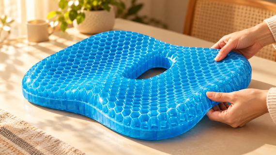 Hands holding a blue honeycomb gel seat cushion